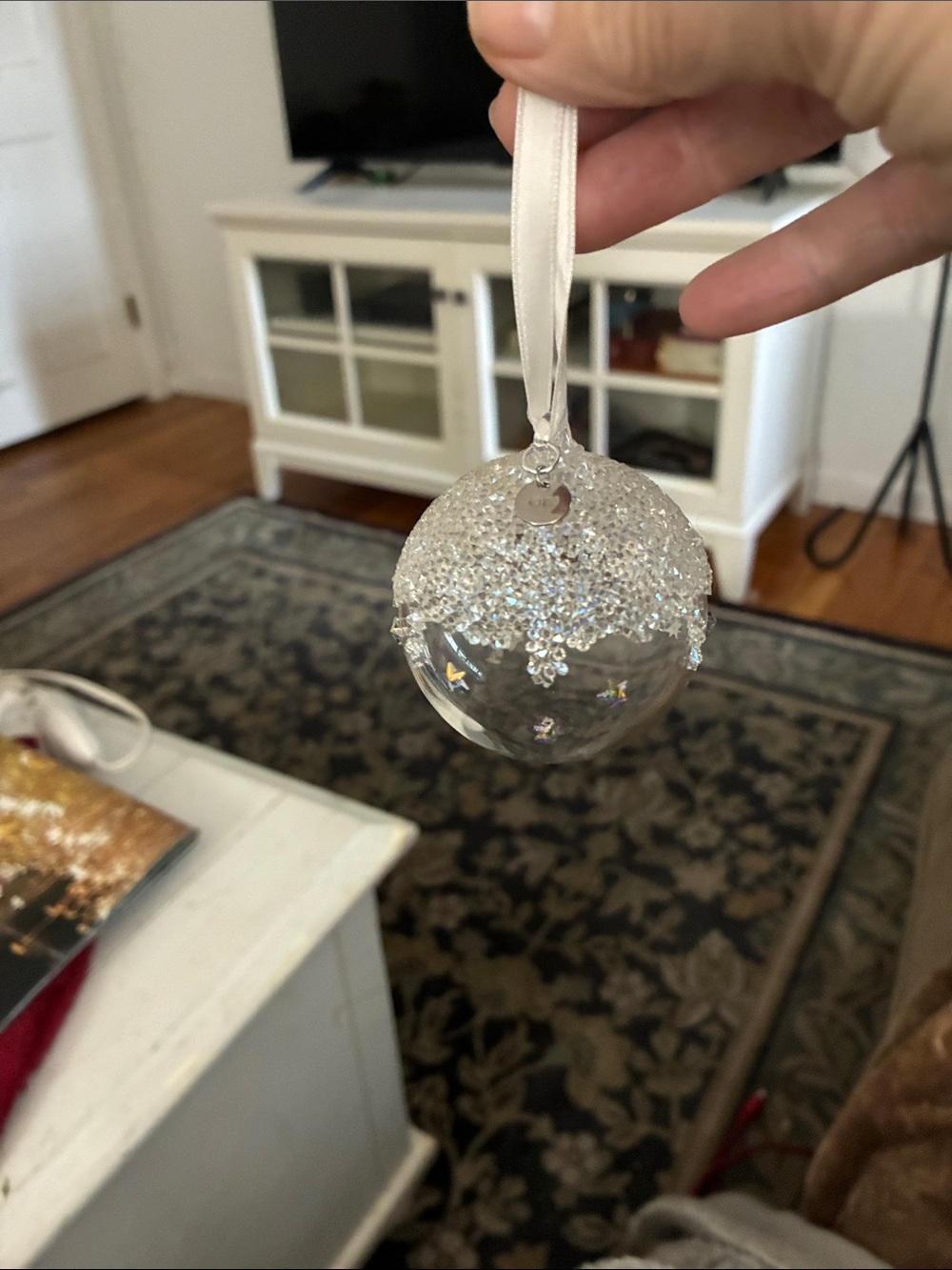 Swarovski Clear Crystal-Topped Holiday Ornament with White Ribbon